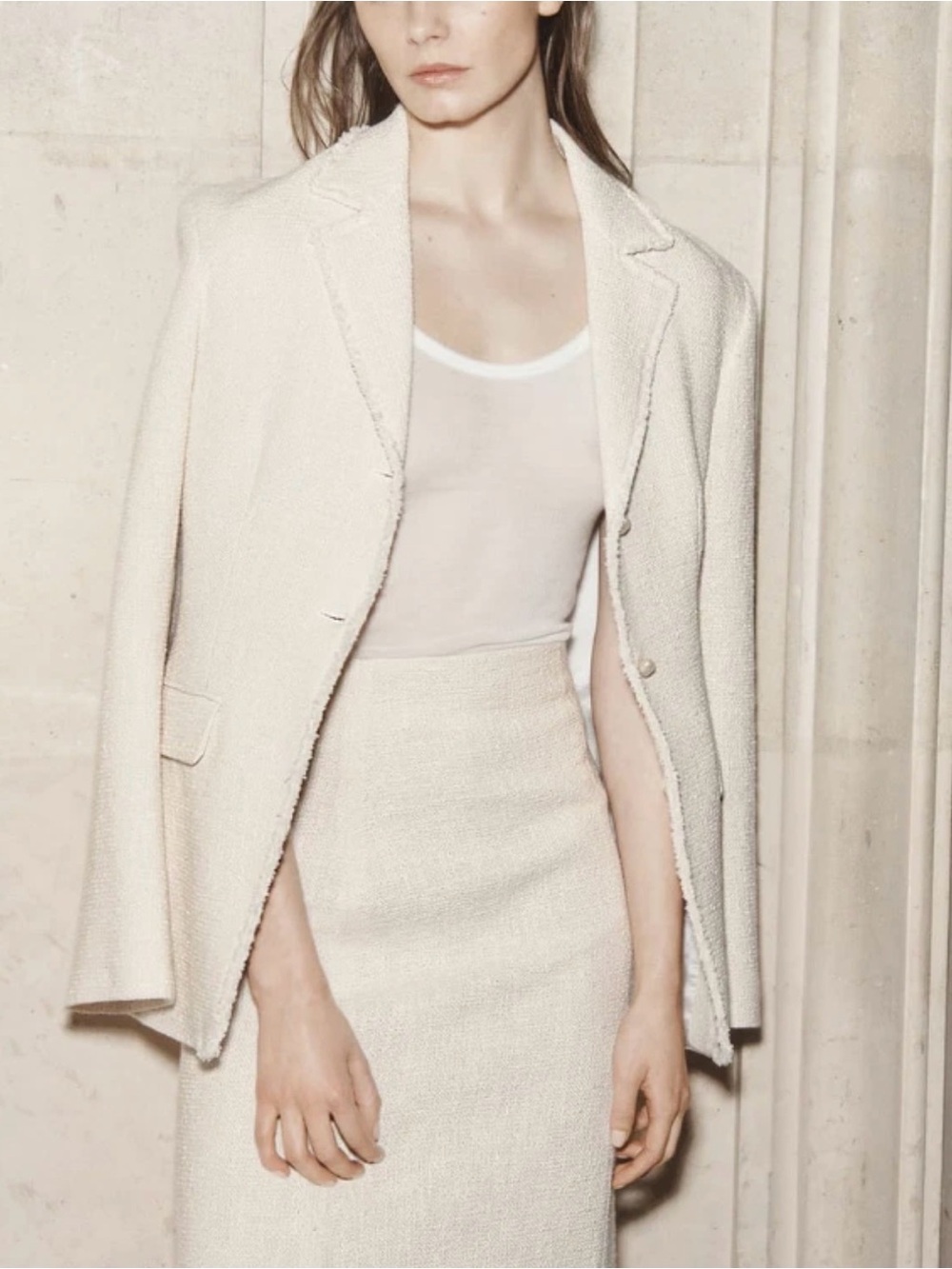 Zara Ecru Tweed Pearl Button Cotton Blazer Quiet Luxury Vacation Layered Size M